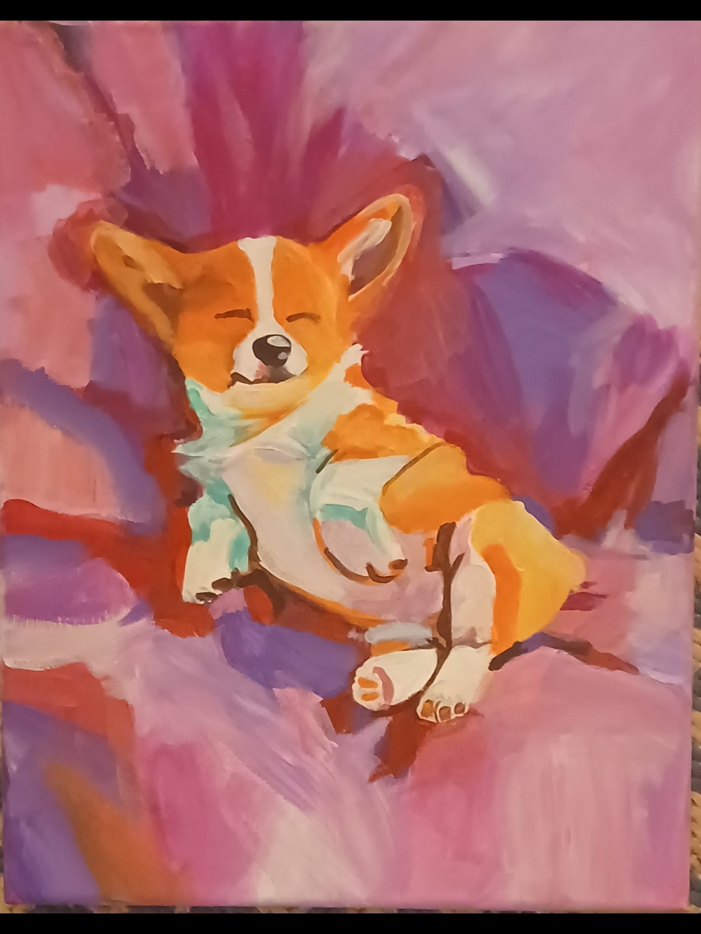 Original Acrylic Colorful Corgi Dog Art Painting - Pink & Orange
